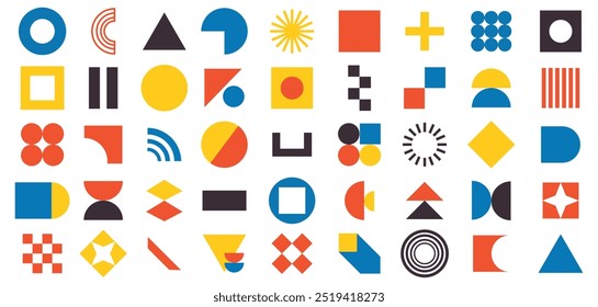 Bauhaus elements. Modern geometric abstract shapes in minimal style. Brutalism basic forms, lines, eye, circles and patterns, art vector set. Colorful figures and dots simple design, white background