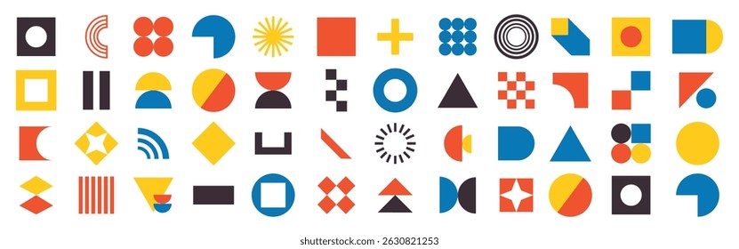 Bauhaus elements. Modern geometric abstract shapes in minimal style. Brutalism basic forms, lines, eye, circles and patterns, art vector set. Colorful figures and dots simple design, white background