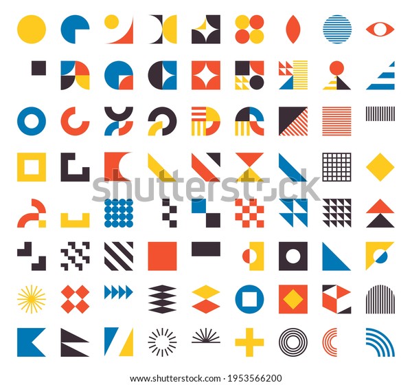 Bauhaus\
elements. Modern geometric abstract shapes in minimal style.\
Brutalism basic forms, lines, eye, circles and patterns, art vector\
set. Colorful figures and dots simple\
design