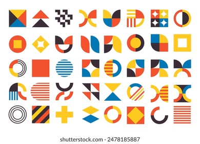 Bauhaus elements and vibrant geometric vector shapes arranged in a creative and abstract manner