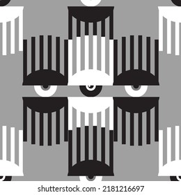 Bauhaus eye black and white seamless pattern. Minimal geometric design of the 20s. Abstract vector template with elements of primitive forms. 