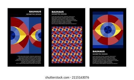 Bauhaus eye brochure on colorful background. Abstract template cartoon design. Isolated cartoon vector illustration. Funny Art set decoration element.