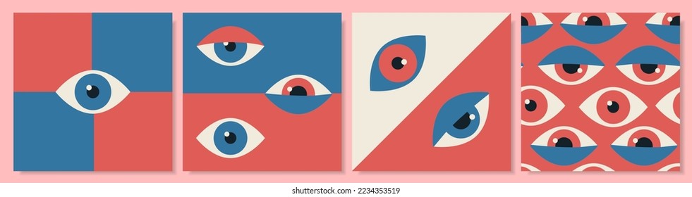 Bauhaus eye geometric art posters. Modern minimal hipster shapes. Retro vintage covers set. Swiss recent patterns. Abstract figures. Red and blue hypnotic eyeballs. Vector illustrations