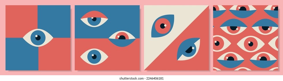 Bauhaus eye geometric art posters. Modern minimal hipster shapes. Retro square covers set. Swiss patterns. Abstract figures. Vintage red and blue hypnotic eyeballs. Vector illustrations