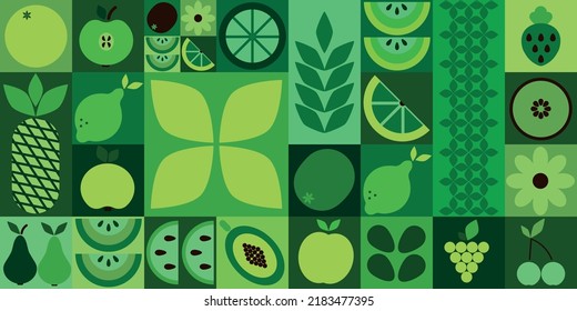 Bauhaus food. Abstract geometric fruits, bright colorful green pattern, simple forms. Natural organic background, modern banner or horizontal poster, eco agriculture design. Vector illustration