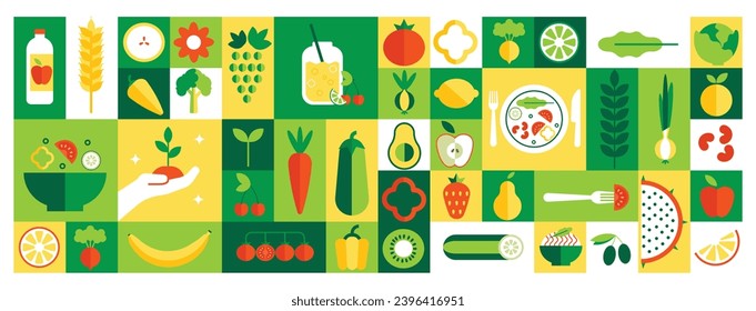 Bauhaus food, fruity salad in geometric style. Healthy meal, vegetable green garden isolated elements, Scandinavian plants and leaf, mosaic kitchen. Vector minimalist wallpaper, organic lifestyle