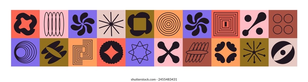Bauhaus forms set. Geometric patterns of brutalism style. Abstract flower silhouettes, figures, shapes in frames. Different brutalist icons in grid composition. Flat isolated vector illustrations