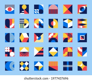 Bauhaus forms. Square tiles with modern geometric patterns with abstract figures and shapes. Contemporary graphic bauhaus design vector set. Circle, triangle and square lines art collection