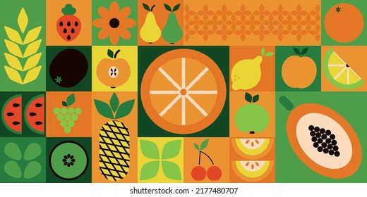 Bauhaus fruits. Abstract geometric food, bright colorful green and orange pattern, simple forms. Natural organic background, modern banner or horizontal poster, agriculture design. Vector illustration