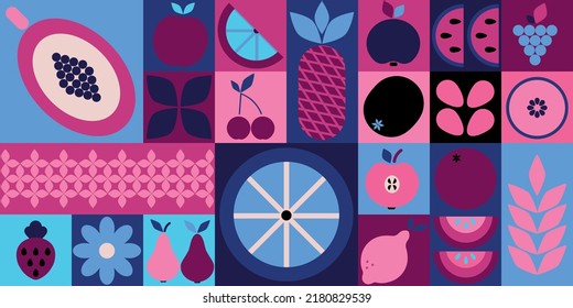 Bauhaus fruits. Abstract geometric food, bright colorful pink and blue pattern, simple forms. Natural organic background, modern banner or horizontal poster, agriculture design. Vector illustration