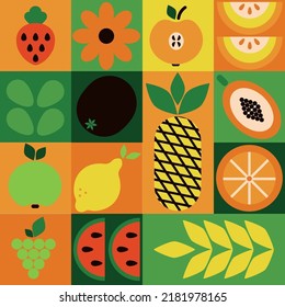 Bauhaus fruits pattern seamless. Abstract geometric food, bright colorful green and orange. Natural organic agriculture background. Decor textile, wrapping paper, wallpaper. Vector print or fabric