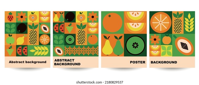 Bauhaus fruits poster. Abstract geometric food, bright colorful green and orange pattern, simple forms. Natural organic background, modern banner or card, agriculture design. Vector illustration