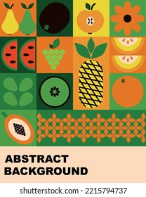 Bauhaus fruits poster. Abstract geometric food, bright colorful green and orange pattern, simple forms. Natural organic background, modern banner or card, agriculture design. Vector illustration