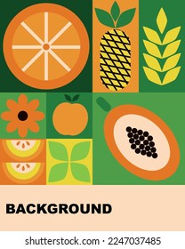 Bauhaus fruits poster. Abstract geometric food, bright colorful green and orange pattern, simple forms. Natural organic background, modern banner or card, agriculture design. Vector illustration
