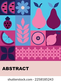 Bauhaus fruits poster. Abstract geometric food, bright colorful blue and pink pattern, simple forms. Natural organic background, modern banner or card, agriculture design. Vector illustration