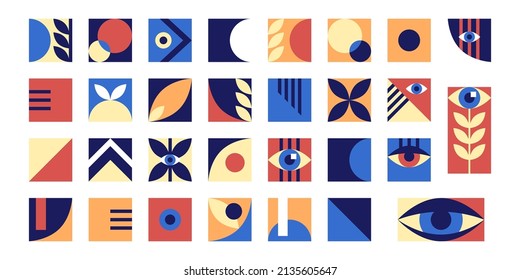 Elementos abstractos geométricos de Bauhaus con ojos y formas simples. Formas de estilo moderno, diseño retro minimalista para afiches, tarjetas, libro, certificado. Collage de tendencia de Hipster 20, ilustración vectorial.