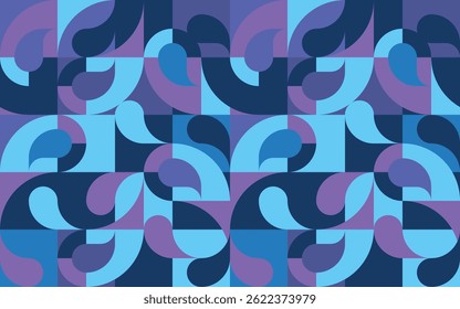 Bauhaus geometric background with circles and squares in retro style. Mosaic tile panel. Abstract blue neon colored, simple drop shapes graphic pattern. Vector 