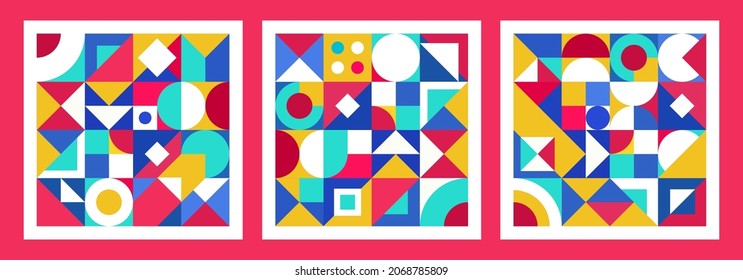 Fondo geométrico Bauhaus. Figuras de color. Resumen de círculo de arte vectorial, triángulo y cuadrado. Ornamentos escandinavos. Ilustración vectorial.