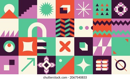 Bauhaus geometric brutalism elements. Modern basic bold forms, dynamic abstract shapes simple design. Vector illustration