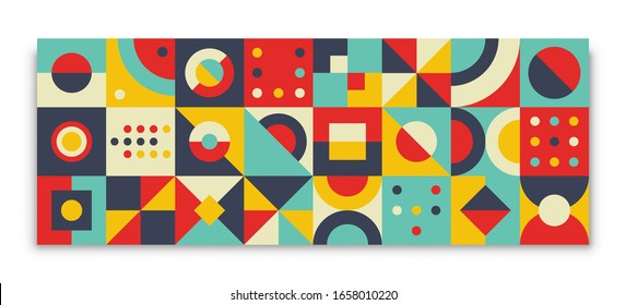 Bauhaus geometric card. Retro abstract memphis elements simple swiss style, geometry cover design, minimal composition for wallpaper, banner, cover, poster. Vector illustration