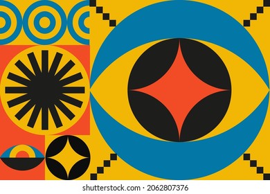 Geometrisches Bauhaus mit Augenelementen. Primitive moderne Formen und Formen. Vektorgrafik-Innenplakate, Decken, Banner.