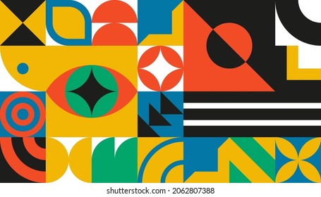 Geometrisches Bauhaus mit Augenelementen. Primitive moderne Formen und Formen. Vektorgrafik-Innenplakate, Decken, Banner.