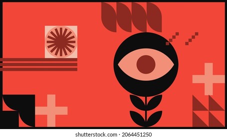 Bauhaus geometric design with eyes elements. Primitive modern shapes and forms. Vector interior posters, covers, banners.