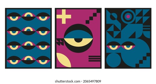 Bauhaus geometric design with eyes elements. Primitive modern shapes and forms. Vector interior posters, covers, banners.
