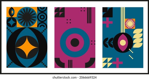 Bauhaus geometric design with eyes elements. Primitive modern shapes and forms. Vector interior posters, covers, banners.