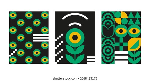 Diseño geométrico Bauhaus con elementos de ojos. Formas y formas modernas y primitivas. Afiches, cubiertas y pancartas interiores vectoriales.