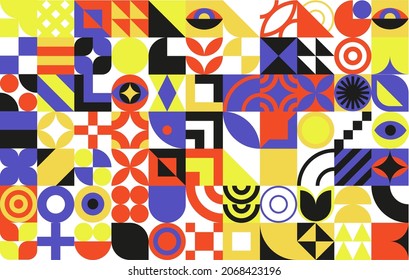 Geometrisches Bauhaus mit Augenelementen. Primitive moderne Formen und Formen. Vektorgrafik-Innenplakate, Decken, Banner.