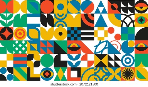 Diseño geométrico Bauhaus con elementos de ojos. Formas y formas modernas y primitivas. Afiches, cubiertas y pancartas interiores vectoriales.