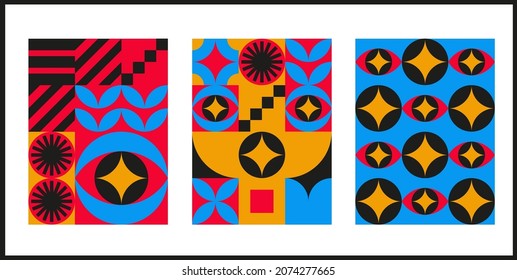 Bauhaus geometric design with eyes elements. Primitive modern shapes and forms. Vector interior posters, covers, banners.