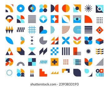 Bauhaus geometric elements, abstract shapes and modern forms vector set. Circle, square and triangle figures of basic geometry, color lines, crosses, stars, eyes, arches and zigzag bauhaus elements