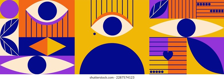 Bauhaus geometric eye art poster set. Graphic shape poster with eye, circle, leaf. Bauhaus cubism template. Vector illustration. Minimal graphic cover