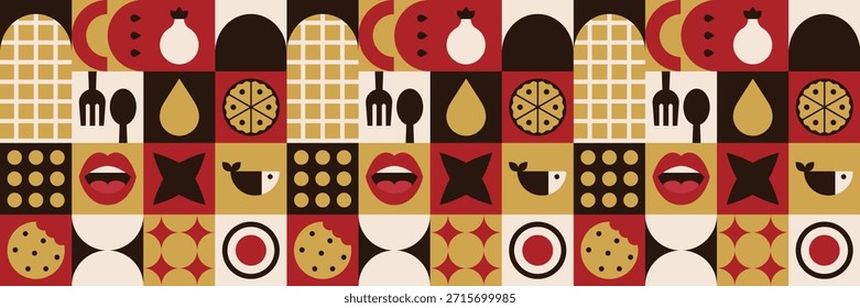Patrón geométrico de comida rápida Bauhaus con ingredientes agrícolas y mosaico de cocina. Campañas en redes sociales para el lanzamiento de nuevos restaurantes.