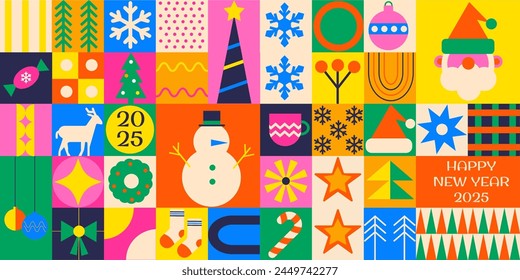 Bauhaus geometric pattern, background Merry Christmas and Happy New Year. Flat geometric modern illustration