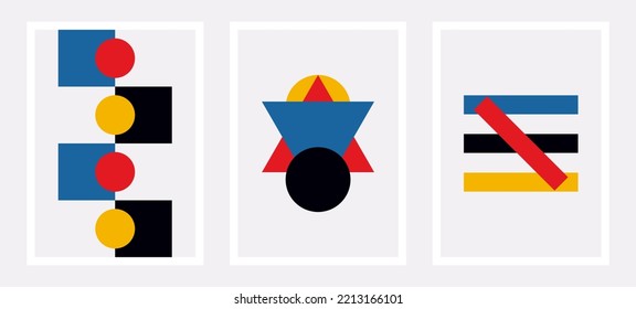 Fondo de patrón geométrico Bauhaus. Fondo geométrico moderno con estilo bauhaus. Fondo geométrico con triángulo, círculo y rectángulo. Arte mural geométrico moderno.