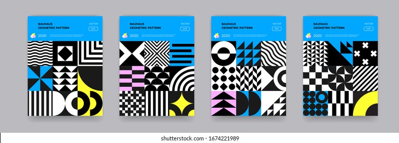 Bauhaus geometric pattern background, vector abstract geometric circle, triangle and square lines art. Black and white color Bauhaus or Swiss patterns backgrounds set