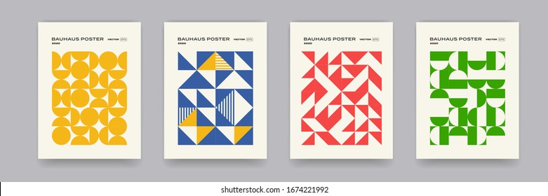 Bauhaus geometric pattern background, vector abstract circle, triangle and square lines art. Yellow, blue, red and green color, trendy Bauhaus pattern backgrounds set