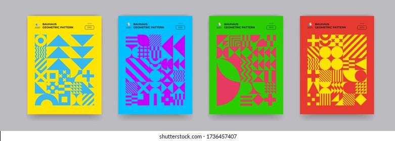 Bauhaus geometric pattern background, vector circle, triangle and square shape art design. Modern color Bauhaus Swiss pattern backgrounds and posters set