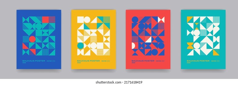 Bauhaus geometric pattern background, vector abstract circle, triangle and square lines art. Yellow, blue, red and green color, trendy Bauhaus pattern backgrounds set