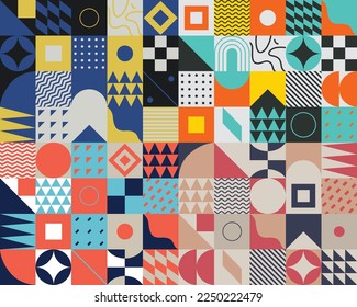 Bauhaus geometric pattern background, vector circle, triangle and square lines color art design. Color Bauhaus pattern background