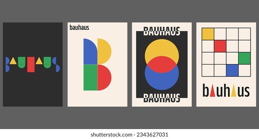 Bauhaus geometric pattern background, vector abstract circle, triangle and square lines art. Yellow, blue, red and green color, trendy Bauhaus pattern backgrounds set