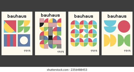 Bauhaus geometric pattern background, vector abstract circle, triangle and square lines art. Yellow, blue, red and green color, trendy Bauhaus pattern backgrounds set