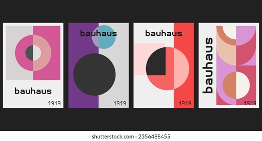 Bauhaus geometric pattern background, vector abstract circle, triangle and square lines art. Yellow, blue, red and green color, trendy Bauhaus pattern backgrounds set