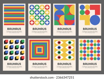 Bauhaus geometric pattern background, vector abstract circle, triangle and square lines art. Yellow, blue, red and green color, trendy Bauhaus pattern backgrounds set