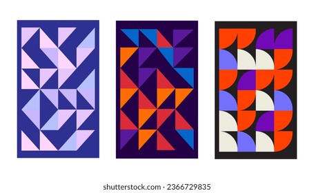 Bauhaus geometric pattern background, vector abstract circle, triangle and square lines art. Yellow, blue, red and green color, trendy Bauhaus pattern backgrounds set