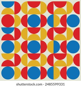 Bauhaus geometric pattern background, vector abstract circle, triangle and square lines art. Yellow, blue, red and green color, trendy Bauhaus pattern backgrounds set
