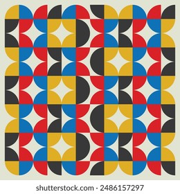 Bauhaus geometric pattern background, vector abstract circle, triangle and square lines art. Yellow, blue, red and green color, trendy Bauhaus pattern backgrounds set